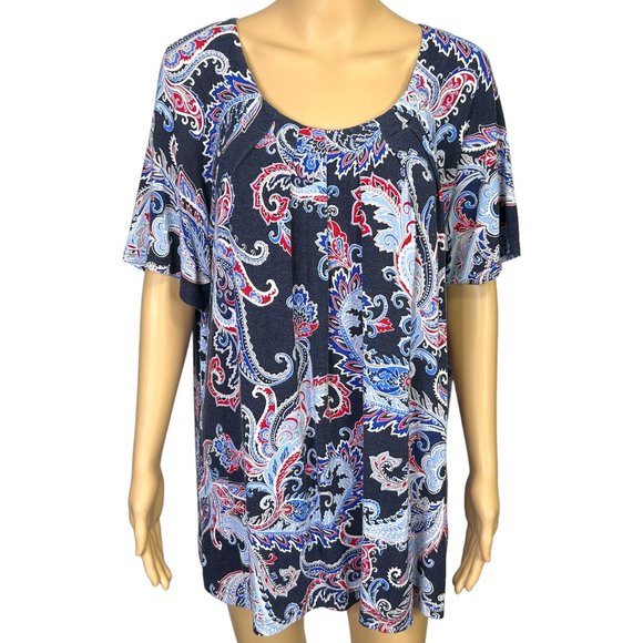 Croft & Barrow 1X Blue‎ Red Paisley Short Sleeve Stretch Scoop Neck Blouse Shirt - Picture 1 of 11